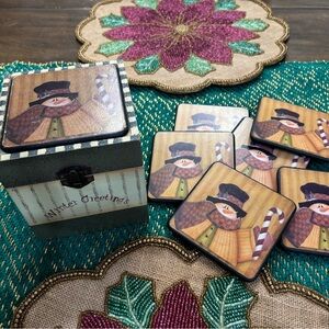 Set of six Christmas snowman coasters with box